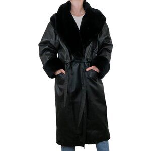 Vintage 80s Comint Black Leather & Fur Trench Coat